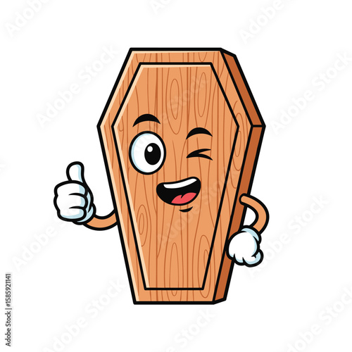Funny cartoon coffin character giving thumbs up and winking with enthusiasm
