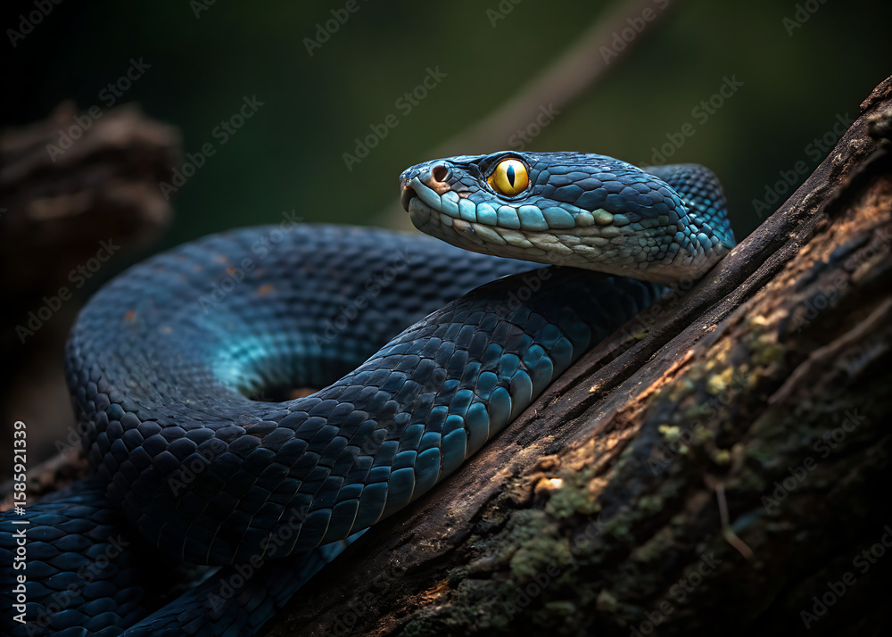 Fototapeta premium Striking close up of a venomous blue snake perched on a textured wooden branch