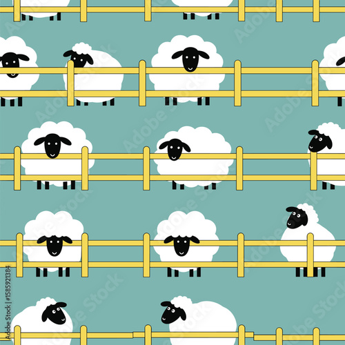Cute fluffy sheep in a yellow paddock pattern for kids nursery decor