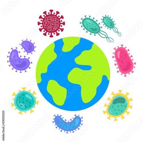 Flat color vector icon of a globe or world surrounded by viruses.