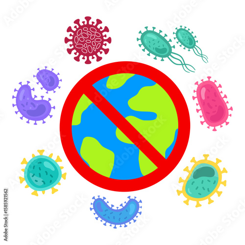 Flat color vector icon of a globe or world surrounded by viruses.