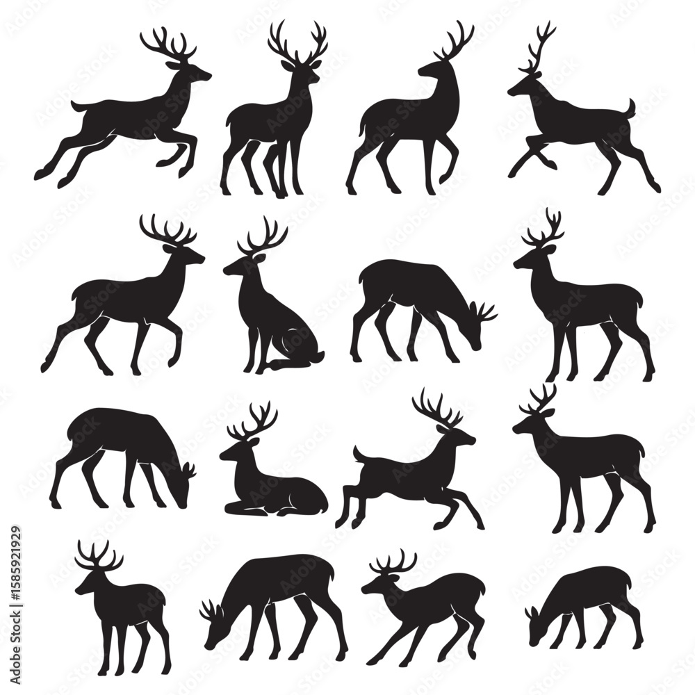 Fototapeta premium Set of 16 black deer silhouette illustrations in various poses including running, jumping, standing, eating, and resting on a white background.