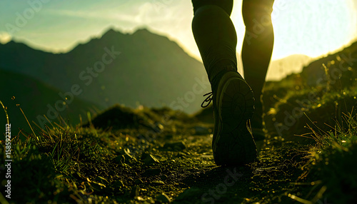 Journey into the Mountains: Captured from a low angle, a hiker's legs stride confidently along a mountain trail, leading the eye towards a distant peak bathed in the golden glow of sunrise.