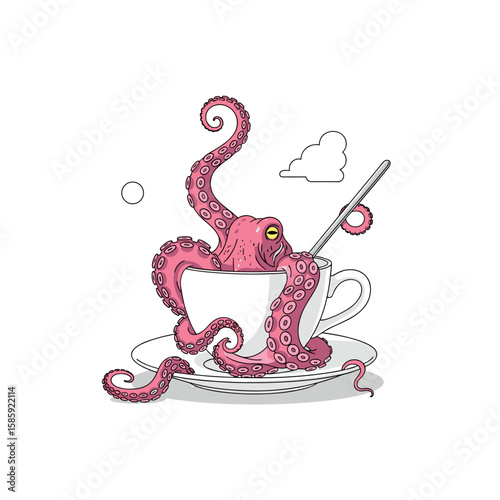 Playful pink octopus stirring coffee cup delightful cartoon illustration