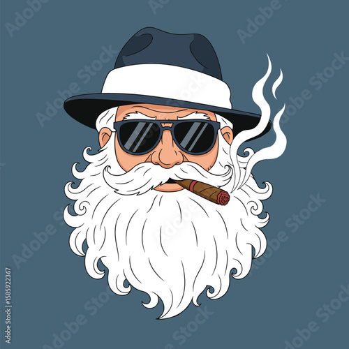 Cool santa claus wearing sunglasses and smoking a cigar with a fedora