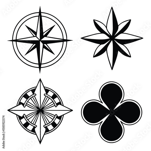 Four interwoven compass rose symbols star navigation