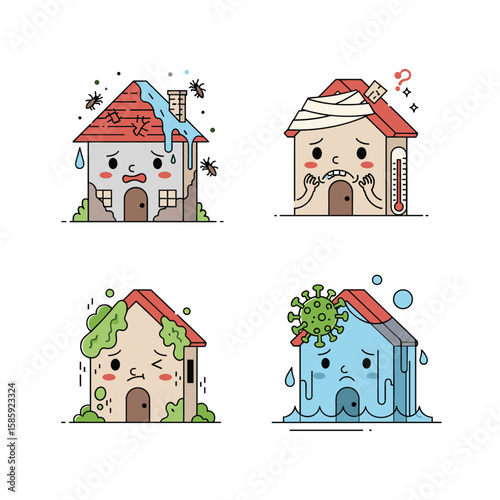 Cute cartoon houses facing different household problems and disasters illustration