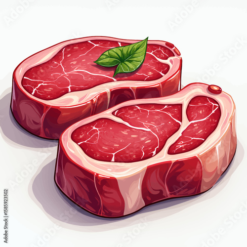Raw Beef Steaks with Fresh Basil Leaf, Ready for Grilling