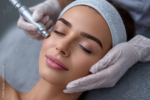 A woman is lying down with her eyes closed and wearing a headband while a professional beauty studio worker in white gloves is using a microdermabrasion machine