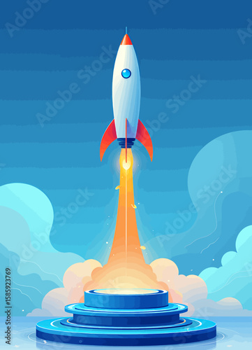 Rocket Launch Ascending Sky with Bright Flame and Clouds