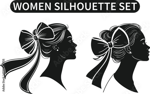Woman Silhouette with Hair Bow – Elegant Female Profile Vector Illustration