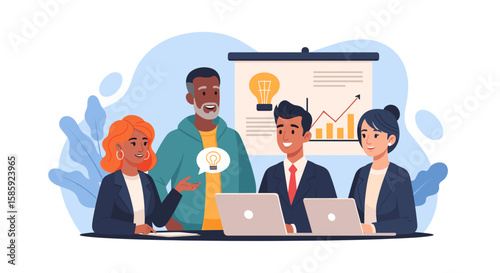 A diverse group of professionals are collaborating on a project, brainstorming ideas and analyzing data at a meeting, working together for business success.