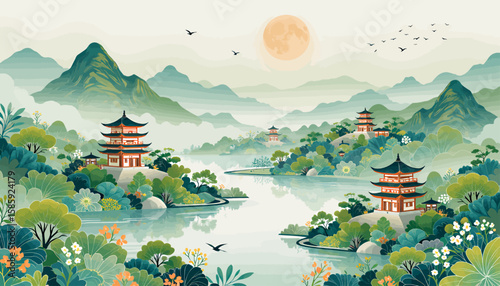 Serene Japanese Landscape with Pagodas and Full Moon