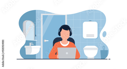 A young woman works remotely on her laptop, comfortably seated in a modern bathroom, showcasing a flexible and unconventional work-from-home setup.