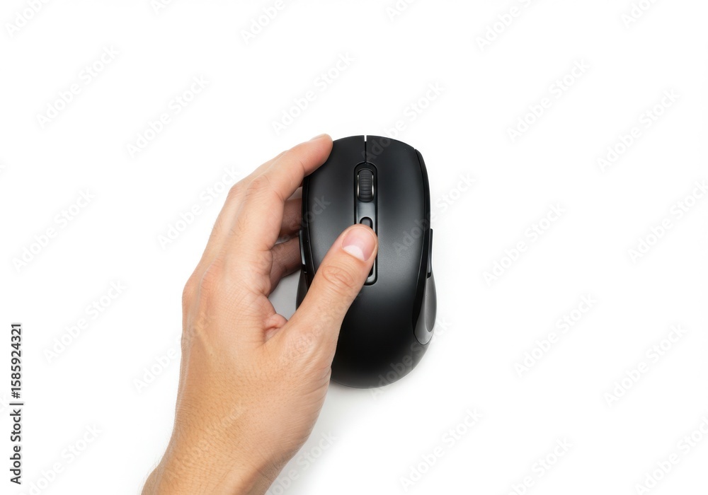 Close up of a human hand holding and operating a black computer mouse on a white background Close up of a human hand holding and operating a black computer mouse on a white background