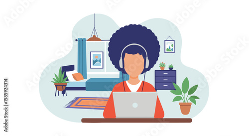 A contemporary illustration of a person wearing headphones and working on a laptop from a cozy, well-decorated home office or bedroom.