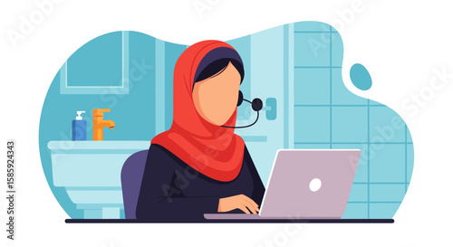A vector illustration depicts a woman wearing a hijab and headset, working remotely on a laptop in a minimalist home office setting, conveying modern work.