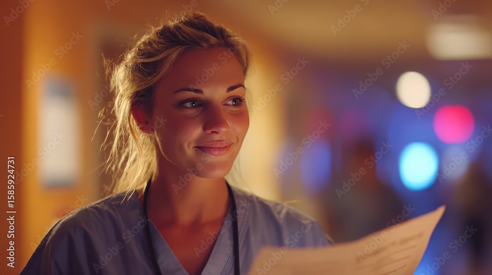 Fototapeta premium A nurse in scrubs, gently holding a patient’s chart, soft hospital lighting, empathetic expression