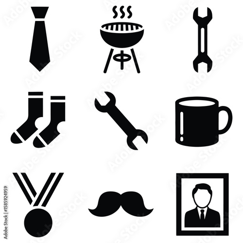 Fatherhood symbols tie grill wrench socks mug medal mustache portrait