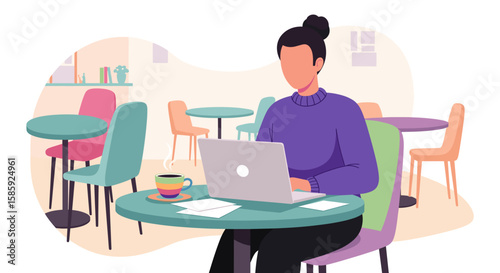 A young woman sits at a cafe table, working on her laptop, enjoying a cup of coffee in a relaxed atmosphere. 