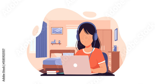 Young woman wearing headphones works on a laptop in her cozy bedroom, enjoying online learning or remote work.
