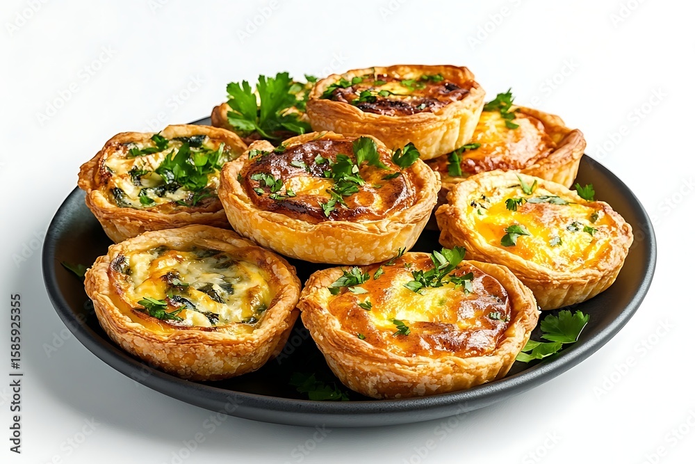 Delicious mini quiches with spinach and cheese on a black plate for catering and parties Delicious mini quiches with spinach and cheese on a black plate for catering and parties