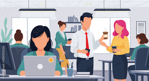 An engaging vector illustration captures the dynamic atmosphere of a modern office where diverse professionals are diligently working and interacting.