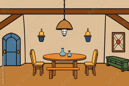 cosy rustic living dining space with antique