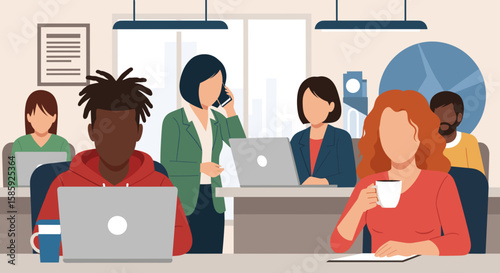 Diverse professionals engage in collaborative work, utilizing laptops and communicating in a modern, dynamic open-plan office setting.