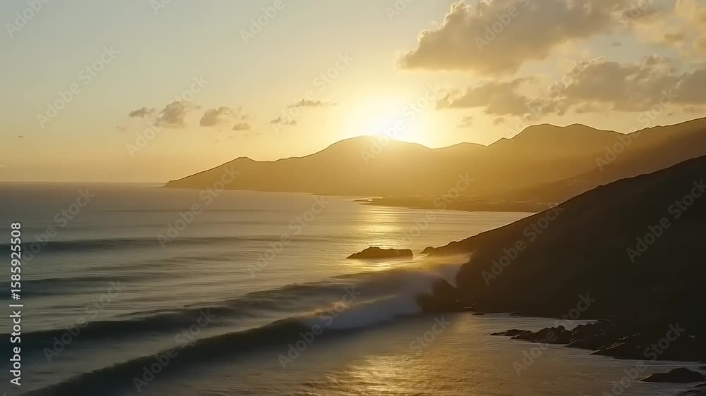 Golden Sunset Over Coastal Mountains and Ocean Waves Golden Sunset Over Coastal Mountains and Ocean Waves