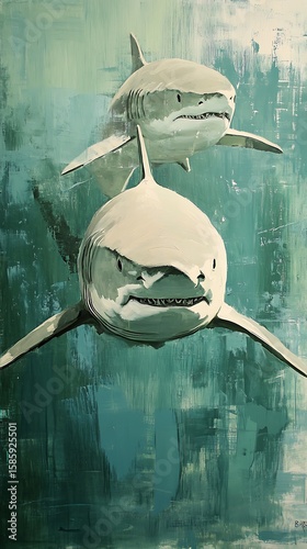 Great White Sharks Swimming Underwater, Impasto Style, Painted Look, Teal and White Tones