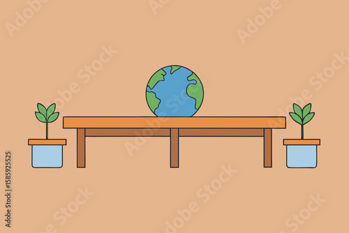 earth toned interior with long wooden dining