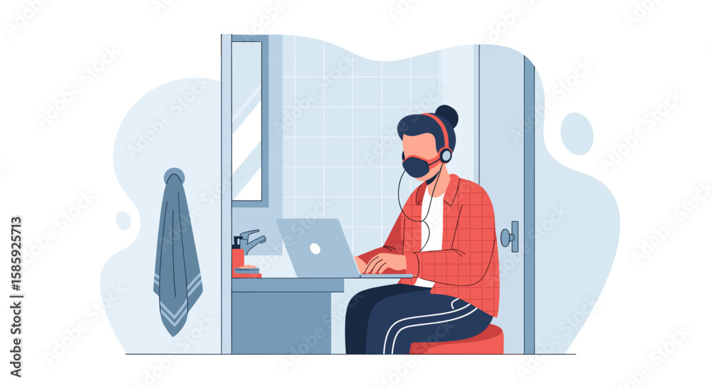 Fototapeta premium An illustrated person wearing a face mask and headphones works diligently on a laptop in a small, confined bathroom setting, symbolizing remote work challenges.