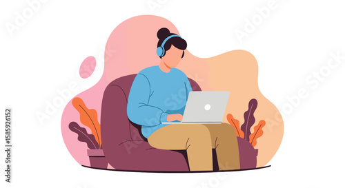 A woman enjoys working remotely on her laptop while listening to music through headphones, relaxing in a comfortable beanbag chair with plants.