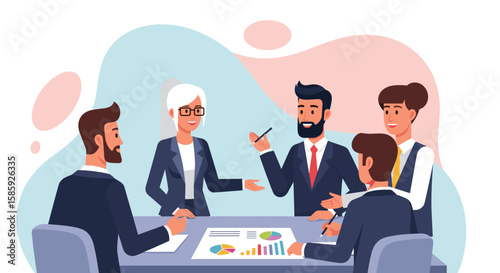 A team of diverse professionals in business attire gathers around a table, actively discussing financial data and strategic plans in a modern, collaborative environment.