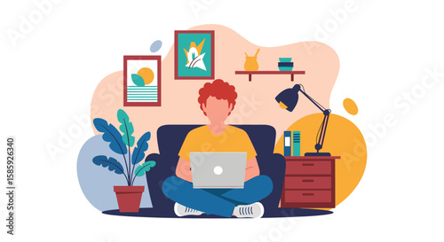 A young man comfortably working on his laptop from home, surrounded by cozy decor, representing modern remote work lifestyle and digital nomadism.