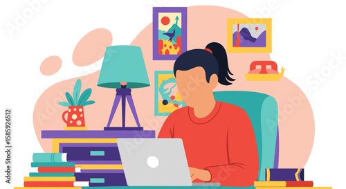 A woman works on a laptop at home, surrounded by decor, books, and a lamp, illustrating remote work and the comforts of a home office environment.