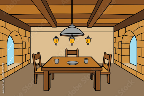 warm rustic dining room with stone accents