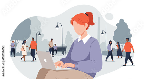 A red-haired woman sits in a vibrant park, diligently working on her laptop amidst a bustling public space, illustrating modern remote work.