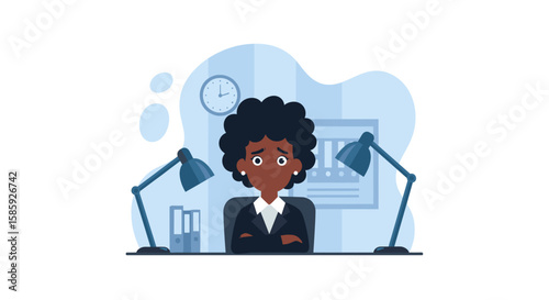 An illustration of a worried African American businesswoman feeling stressed and overwhelmed while sitting at her office desk.