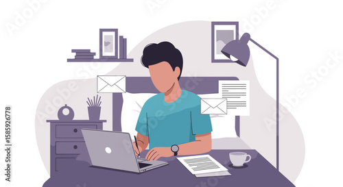 A male professional is depicted working from home, focused on a laptop and paperwork, symbolizing modern remote productivity.
