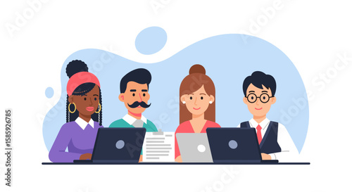 A diverse group of four business professionals are actively collaborating on laptops during a productive meeting in a modern office setting.