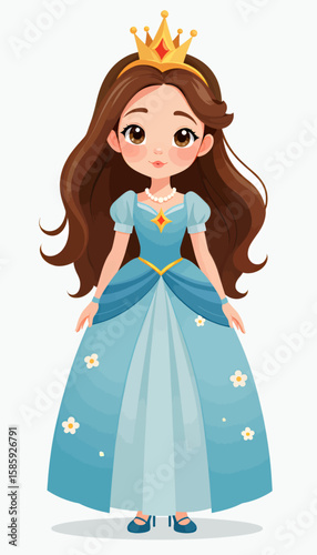 Young Princess in Blue Gown with Tiara and Flowers