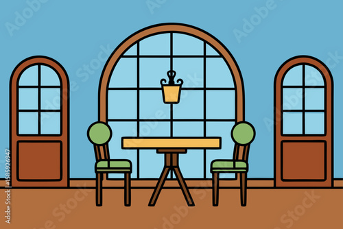 wooden dining room with iron framed windows