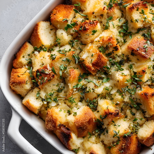 Savory bread stuffing with herbs in a white baking dish  