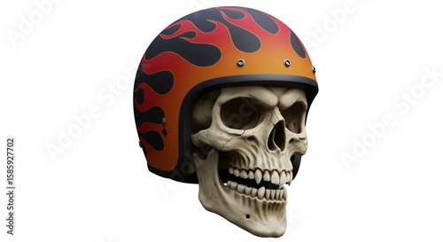Skull wearing flaming motorcycle helmet
