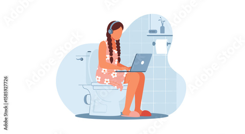 An illustrated young woman with braided hair works on her laptop while sitting on a toilet in a bathroom, wearing headphones.