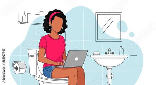 A young woman works on her laptop while sitting on a toilet in a modern bathroom, blending work and personal time.
