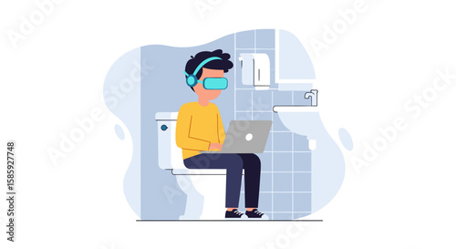 A young person on a toilet, deeply immersed in a virtual world experience with a VR headset and headphones while using a laptop in a bathroom.