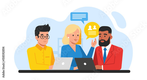 Diverse business professionals collaborate on laptops during a team meeting, discussing ideas and planning strategies in a modern office illustration.